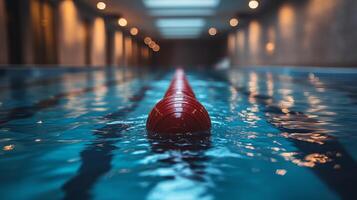 A red swimming pool with a red buoy in the middle photo
