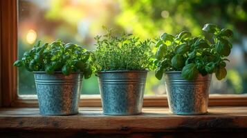 Three metal pots with herbs on a window sill photo