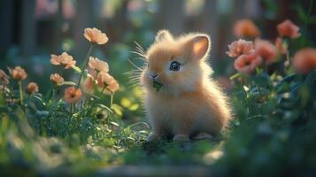 A small bunny is sitting in the grass with flowers photo