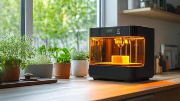 A 3d printer is sitting on a table next to a window photo