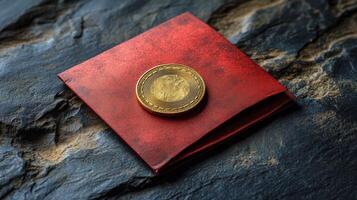 A gold coin is sitting on top of a red leather wallet photo