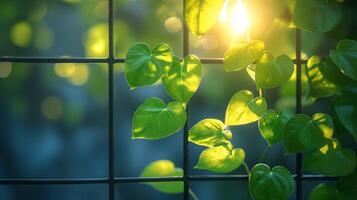 Green leaves on a fence with sunlight shining through photo
