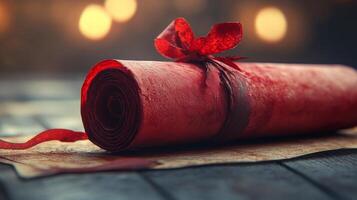 A rolled up red paper with a bow on it photo