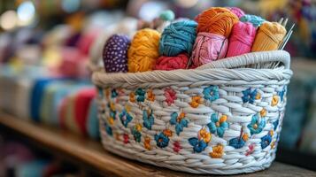 A basket filled with yarn and needles photo