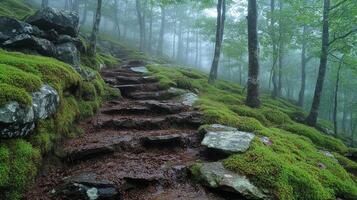 A path through the woods with mossy rocks photo