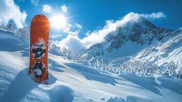 A snowboard is sitting in the snow photo