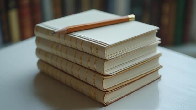 A stack of books with a pencil on top photo