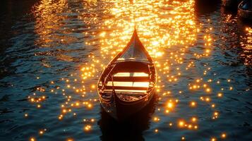 A boat is floating in the water with lights photo