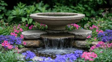 A fountain in a garden with flowers and rocks photo