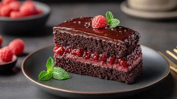 A piece of chocolate cake with raspberry filling on a black plate photo