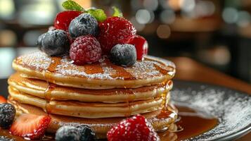 A stack of pancakes with berries and syrup photo