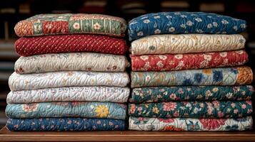 A stack of colorful quilts on a wooden table photo