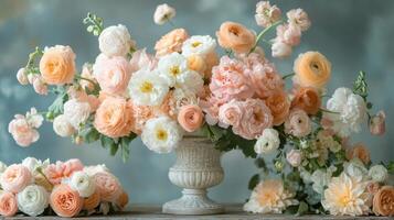 Beautiful floral arrangement featuring pastel flowers in an elegant vase on a wooden table photo