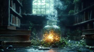 A bottle with a candle inside of it and books on the floor photo