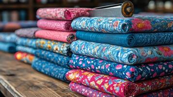A stack of colorful fabric on a wooden table photo