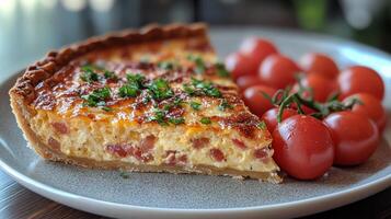 A slice of quiche with tomatoes and herbs photo