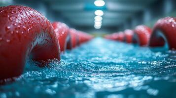 A long line of red rubber tubes in a pool photo