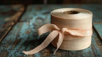 A roll of fabric with a pink ribbon on top photo
