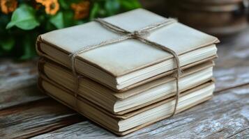 A stack of old books tied with twine on a wooden table photo