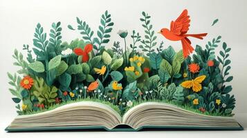 An open book with paper cut flowers and birds photo