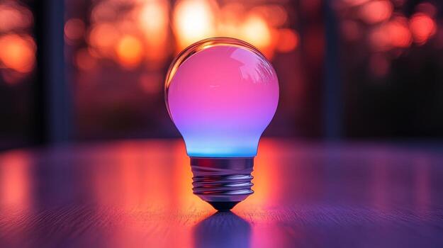 A light bulb with a colorful light shining through it photo
