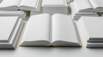 Many open books on a white surface photo