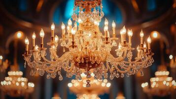 A chandelier with many lights in a room photo
