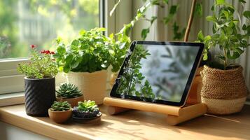 A tablet computer sitting on a wooden table next to a window photo
