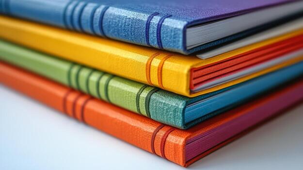 A stack of colorful books on a white surface photo