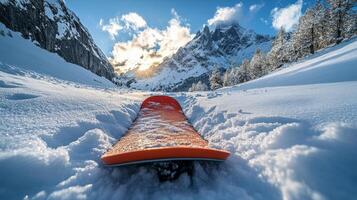 An orange snowboard is sitting in the snow photo