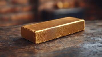 A gold bar sitting on top of a wooden table photo