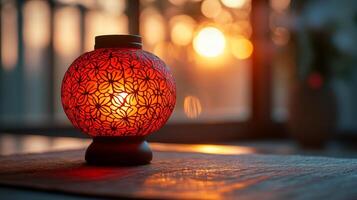A red lamp sitting on a table in front of a window photo