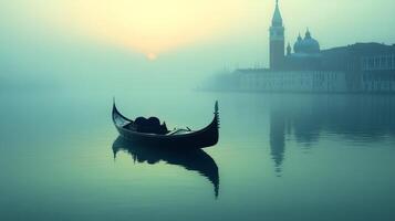 A gondola in the fog on the water in venice photo