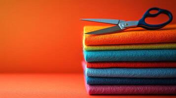 A stack of colorful fabric with a pair of scissors photo