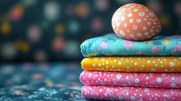 Easter egg on top of colorful fabric photo