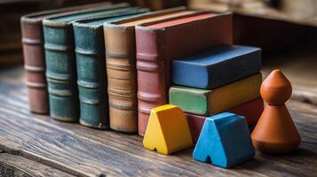 A wooden toy set with books and a wooden chess piece photo