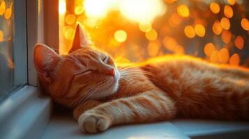 A cat laying on a window sill at sunset photo