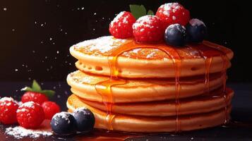 Pancakes with berries and syrup on a black background photo