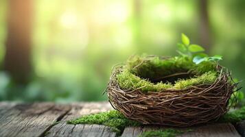 A bird nest with green moss on a wooden table in the forest photo