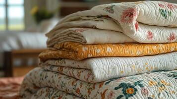Colorful quilts stacked neatly in a creative display showcasing intricate floral patterns photo