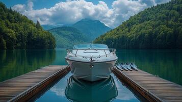 A boat docked on a dock in front of a mountain photo