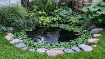A garden with a pond surrounded by plants and rocks photo