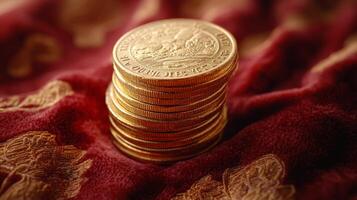 A stack of gold coins sitting on a red cloth photo