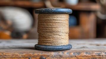 A spool of twine on a wooden table photo