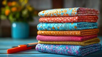 A stack of colorful fabric on a wooden table photo