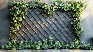 A garden with a trellis and plants photo