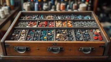 An old wooden box filled with various buttons photo