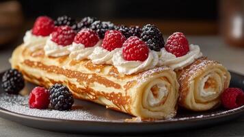 A crepe with berries and cream on top photo