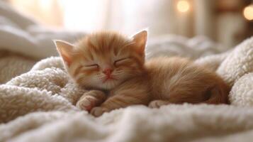 A small kitten sleeping on a blanket photo