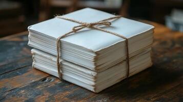 Stack of books tied with twine on a wooden table photo
